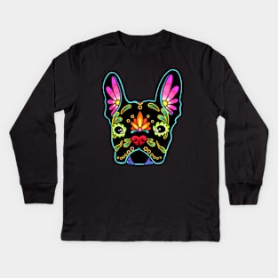 French Bulldog in Black - Day of the Dead Sugar Skull Dog Kids Long Sleeve T-Shirt